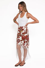 Shelby Midi Fringe Skirt - Brown Floral