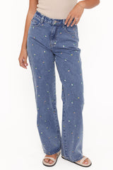 Kendall Straight Leg Jeans - Embroidery Medium Wash