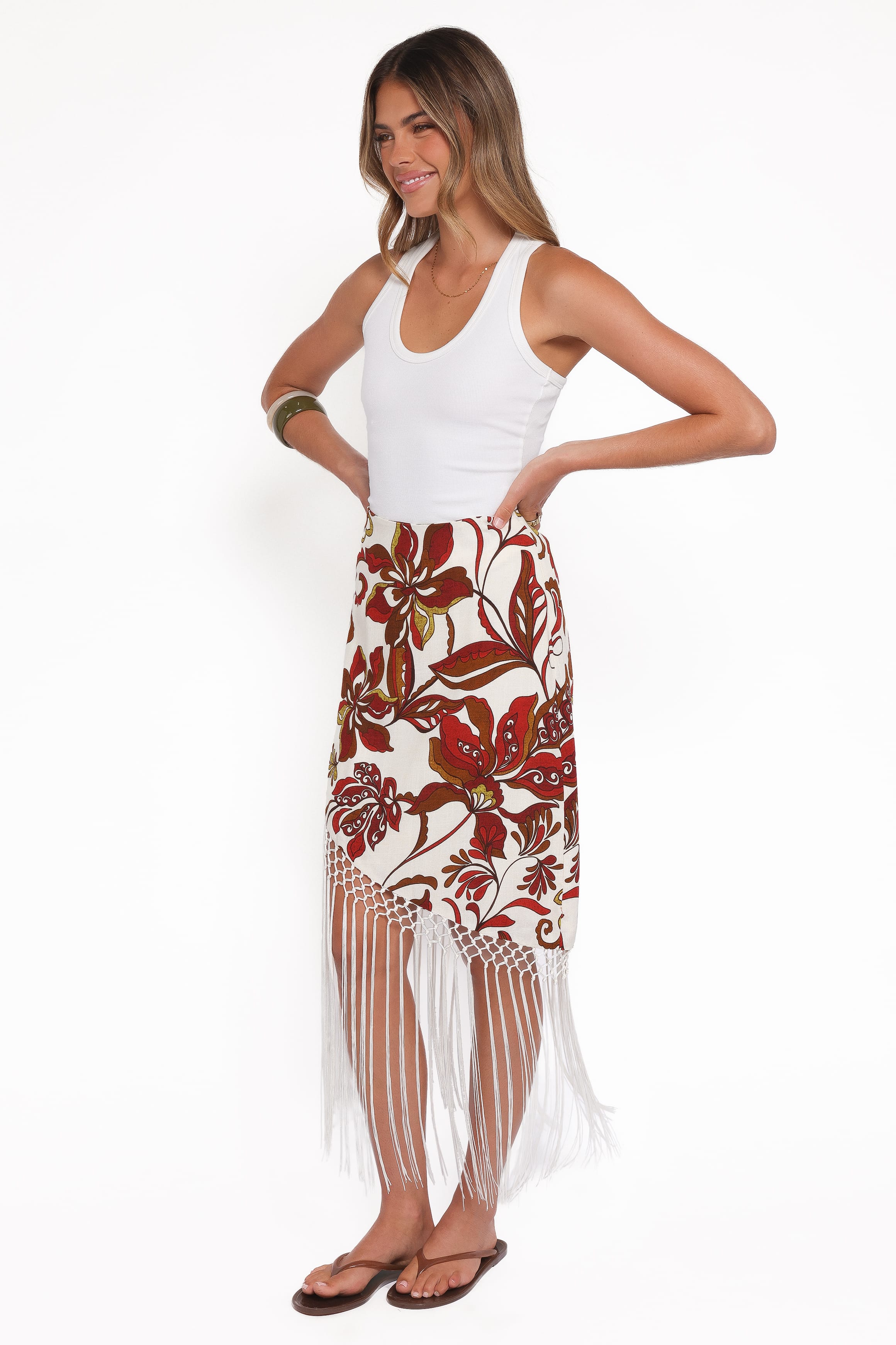 Shelby Midi Fringe Skirt - Brown Floral