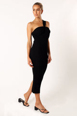 Halle One Shoulder Midi Dress - Black