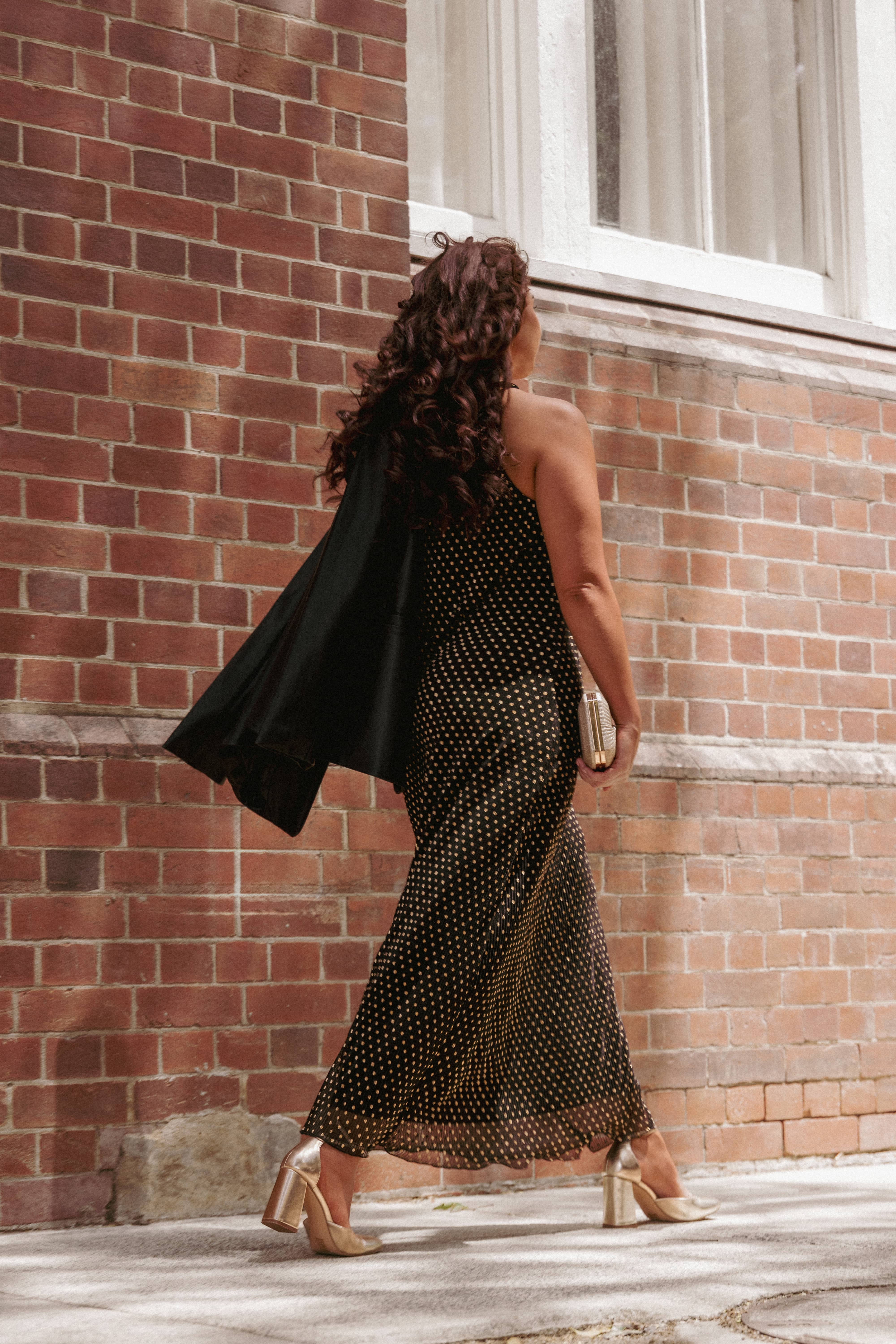 Melody Plisse Halter Maxi Dress - Black/Gold Polka Dot