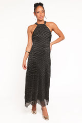Melody Plisse Halter Maxi Dress - Black/Gold Polka Dot