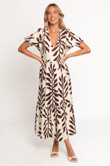 Steele Puff Sleeve Midi Dress - Brown Palm