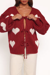 Nadine All Over Heart Tie Front Cardigan - Wine