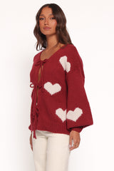 Nadine All Over Heart Tie Front Cardigan - Wine