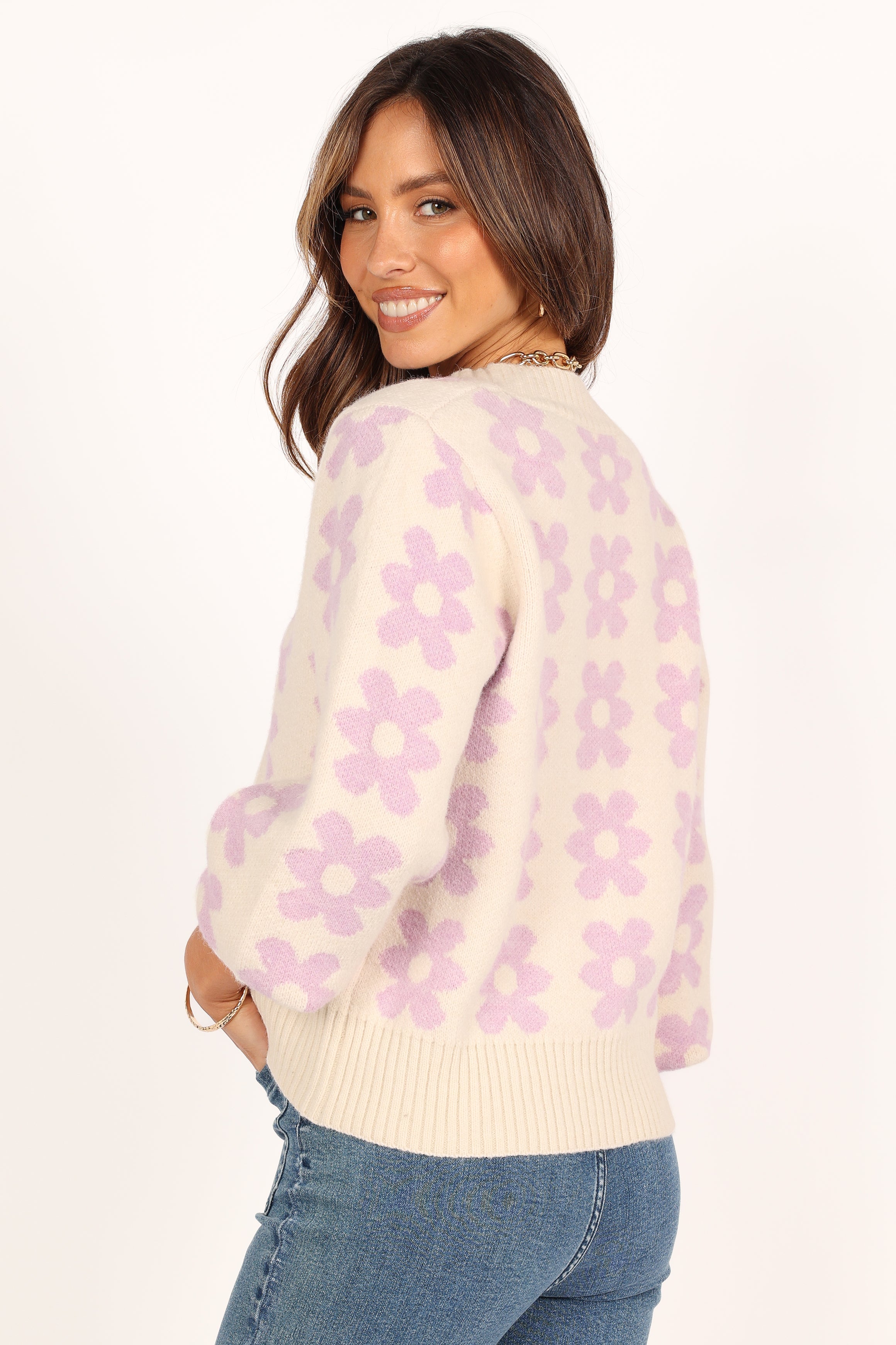 Remi Vneck Flower Knit Sweater - Lilac