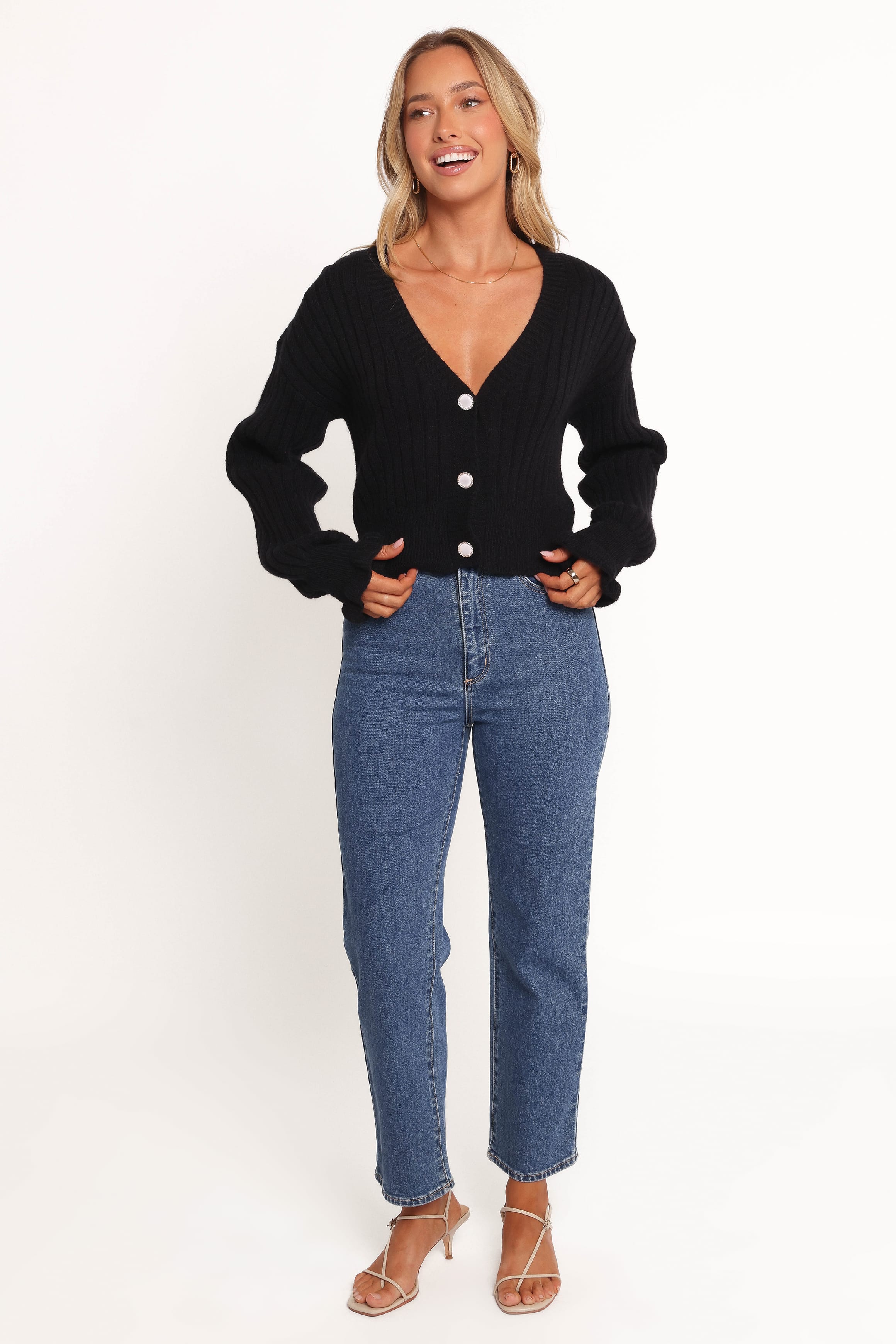 Zana Ribbed Ruffle Cuff Knit Sweater - Black