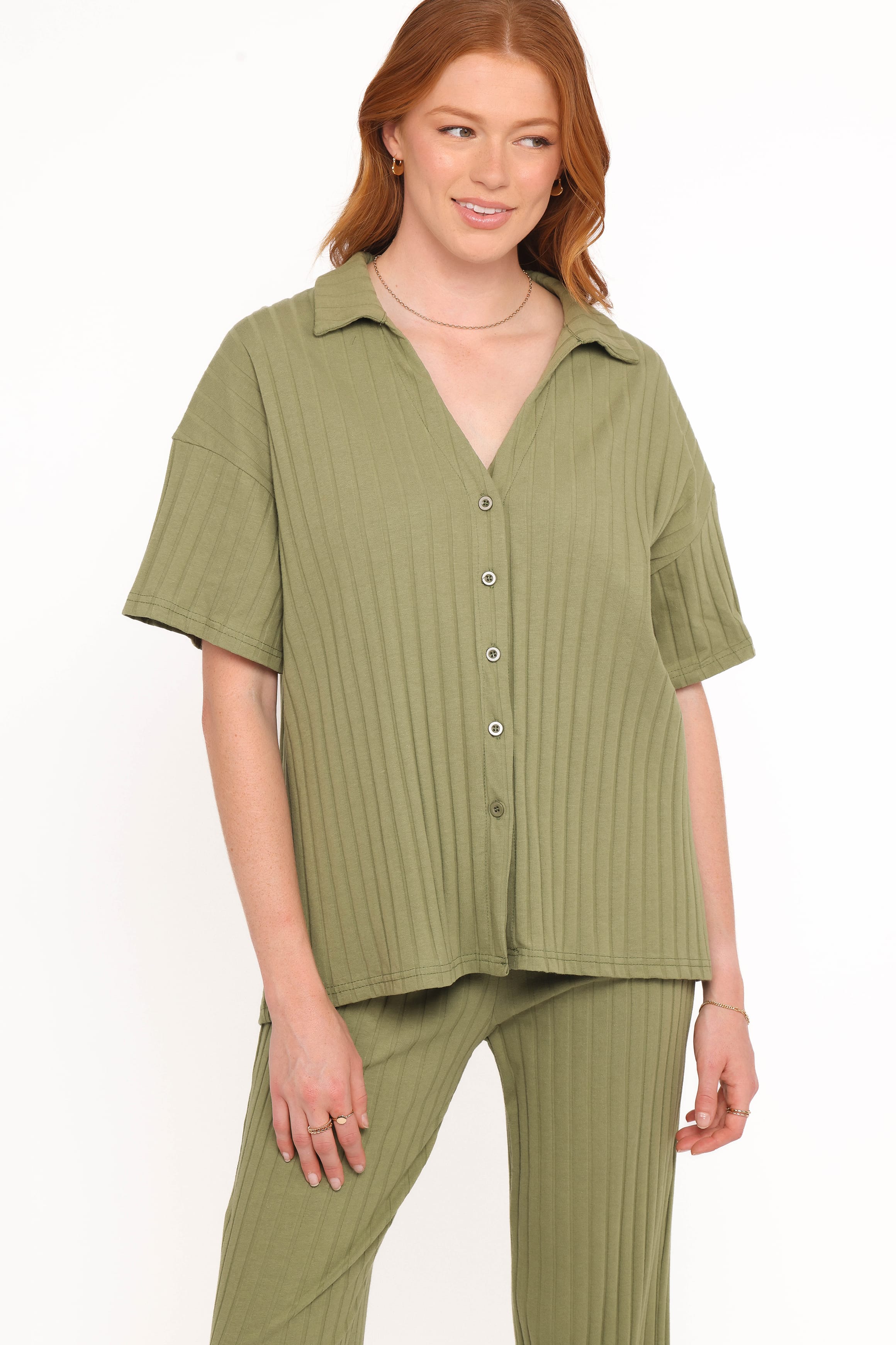 Phillipa Wide Ribbed Shirt Set - Olive